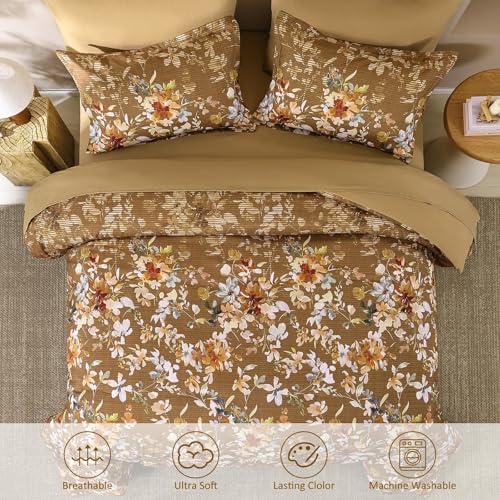 Dobuyly Brown Comforter Set Queen Size, 7 Piece Floral Bedding Comforter Set, Bed in a Bag Botanical Flower Pattern with Sheets, Pillowcases & Shams All Season Dobuyly