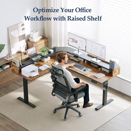 Klicelor L Shaped Standing Desk with Shelf, 63 x 55 inch Height Adjustable Corner Desk, Sit-Stand Workstation with Memory, 264lbs Load Capacity, Rustic Brown Klicelor