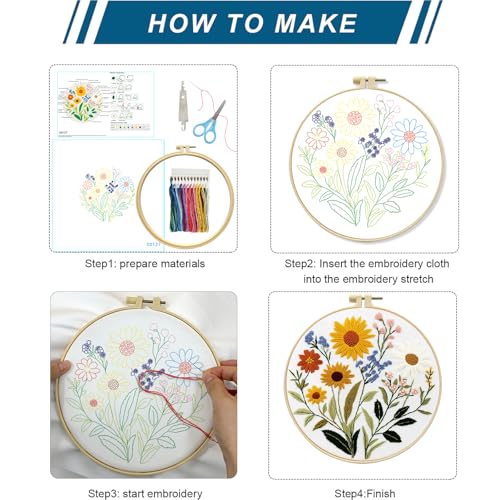 Zhenqing Sunflower and Daisy Embroidery Kit for Beginners, Rustic Floral Craft Set with 20cm Hoop, Printed Pattern on 29x29cm Cotton Fabric, DIY Garden Wall Art (C0127)
