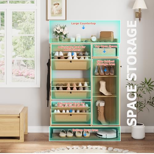 GarveeHome Shoe Cabinet Rattan with 3 Flip Drawers and 4-Tier Shoe Storage Cabinet, Freestanding Shoe Organizer with Adjustable Shelves for Entryway, Closet, Hallway (Light Oak) GarveeHome