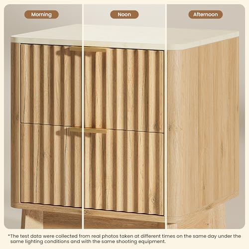TROJM Fluted Nightstand Set of 2,Modern End Table with Faux Marble Top,2 Storage Drawers Side Table,Bedside Table for Bedroom, Living Room,Curved Profile Design Furnitue,Natural Oak TROJM