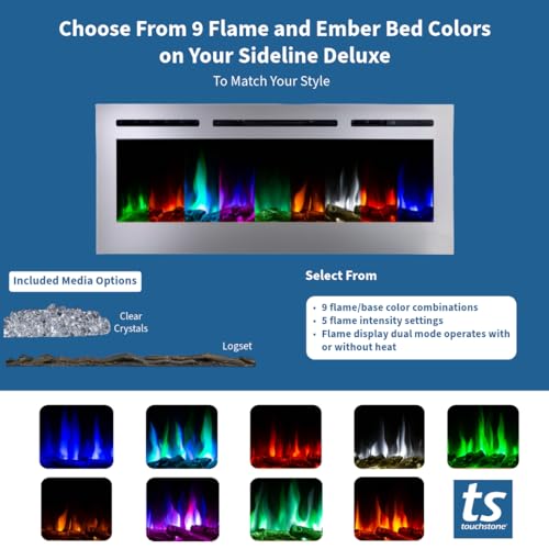 Touchstone Sideline Deluxe -Stainless Steel Smart Electric Fireplace- 60" Wide- Alexa/WiFi-Enabled- in Wall Recessed- 5 Flame Settings- 9 Flame Colors- 1,500W Heater- Log & Crystal Options- 86277 Touchstone