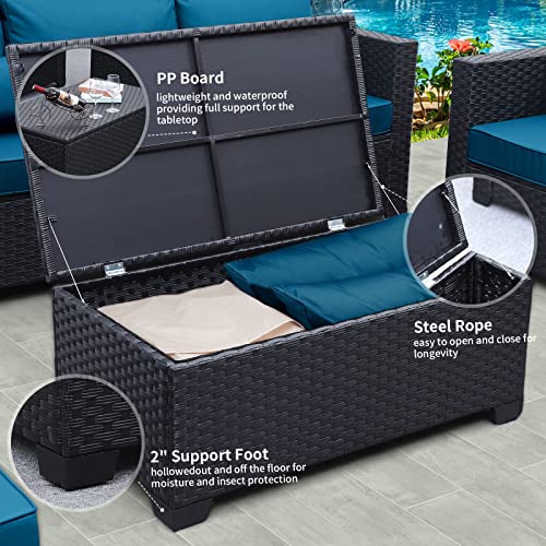 Rattaner Patio Furniture Set 6 Pieces Couch Outdoor Chairs Coffee Table Peacock Blue Anti-Slip Cushions and Waterproof Covers - WoodArtSupply