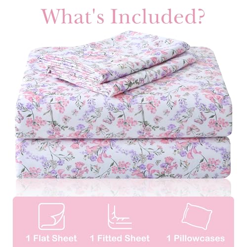 Mooreeke Cozy Vintage Microfiber Printed Twin Sheet Set - Soft Breathable Floral Bed Sheets with Deep Pocket - Non-Slip Fitted Design - Pink Purple Flowers Pattern Mooreeke