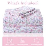 Mooreeke Cozy Vintage Microfiber Printed Twin Sheet Set - Soft Breathable Floral Bed Sheets with Deep Pocket - Non-Slip Fitted Design - Pink Purple Flowers Pattern Mooreeke