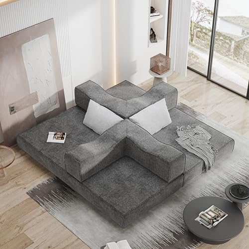 80" Folding Convertible Fold Out Sleeper Sofa Bed King Size , 5 in 1 DIY Combination Floor Couch Cozy Lounge Daybed with Curved Armrest and Throw Pillows for Living Room Apartment Chenille Fabric Eafurn
