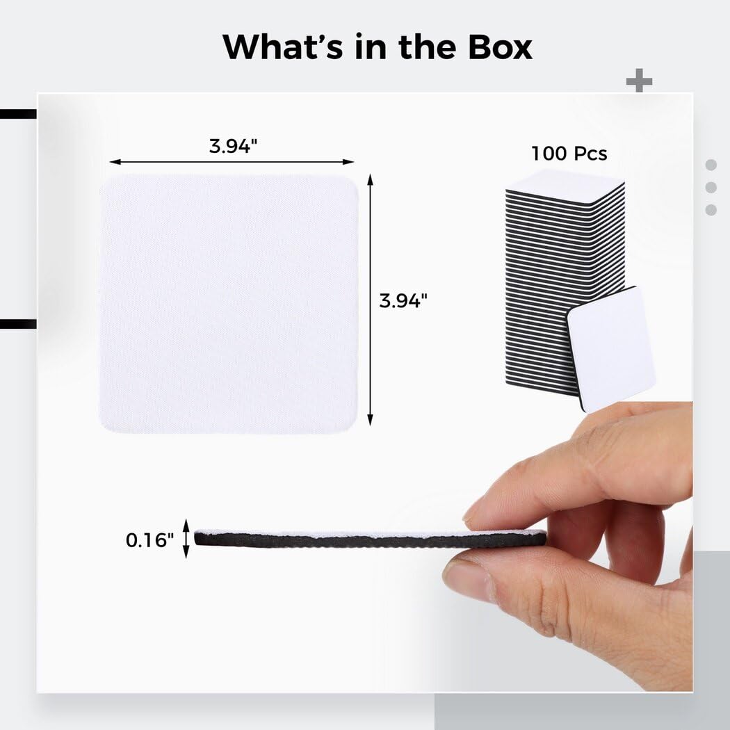 Homaisson 100 Pcs Sublimation Blank Cup Coasters Bulk, 4 x 4 Inches Square Blank Cup Mats Sublimation Transfer Heat Press Printing Coaster for DIY Crafts Homaisson