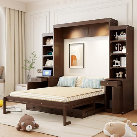 XD Designs Farmhouse Wall Murphy Bed Queen Size with Desk & Drawers, Can be Folded Solid Wood Murphy Cabinet Bedframe with Cabinets & Bookshelf, Space-Saving Design (Espresso-K18) XD Designs