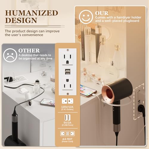 Furmax Make up Vanity Desk with Mirror and Power Outlet, Vanity with 3 Color Light Options Adjustable Brightness,Vanity Desk with 2 Drawers, 6 Storage Shelves (White, No Bench) Furmax