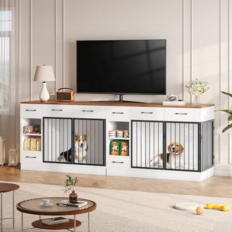 47.2" Dog Crate Furniture with Storage Drawers & Hidden Bowl, Wooden Indoor Kennel with Shelf & 2 Doors, Pet Cage for Small/Medium Dogs LotaTools