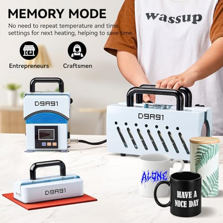 D9A91 3 in 1 Heat Press Machine, Hat Press Machine and Tumbler Heat Press Machine. for Caps, T-Shirt & More, 11-30oz Mug Press, Heat Up Fast and Even,No Crease, LCD Digital Temperature -Light Blue D9A91