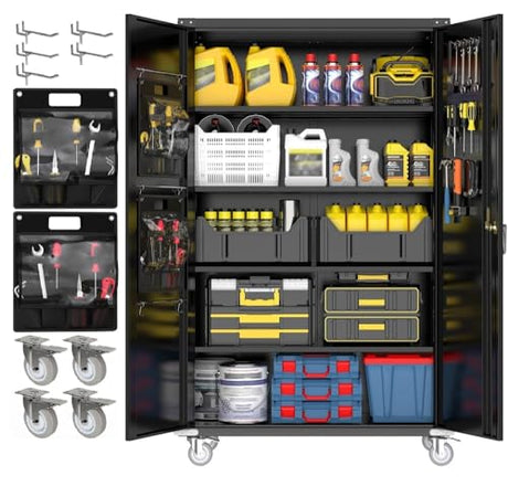 Yeeoy Wide & Deep Metal Garage Storage Cabinet with Pegboard & Adjustable Shelves, Lockable Storage Cabinet with Wheels, Tool Organization Cabinets for Office Garage Shop, 43''W x 22''D x 72''H Yeeoy