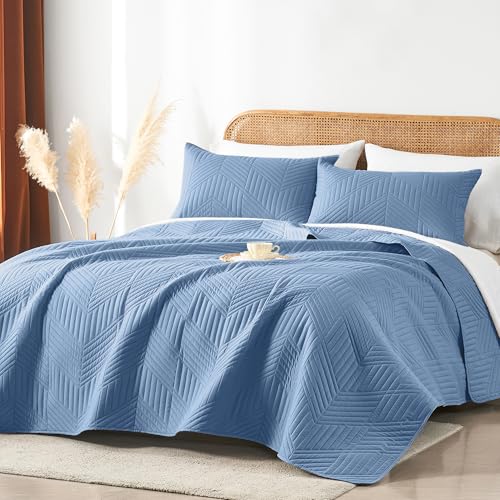 Davulos Twin Quilt Bedding Set,Bluish Grey Ultrasonic Quilt Set Reversible Microfiber Bedspread,Lightweight Soft Modern Geometric Coverlet Set for All Seasons(1 Quilt,1 Pillow Sham) Davulos