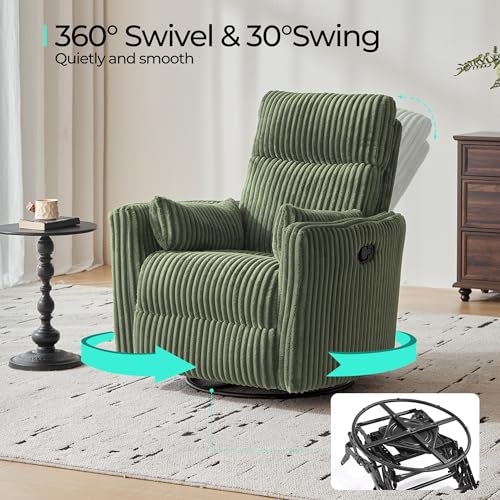 LINSY 360 Swivel Recliner Chair, Nursery Glider Rocking Chair with 2 Pillows, Corduroy Nursing Chair Comfy High Back Adult Rocker Recliner for Small Spaces, Nursery Bedroom Living Room (Green)