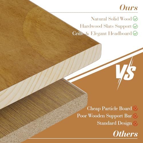 AMERLIFE Full Size Wood Bed Frame, Mid-Century Wooden Platform Bed with Grille Headboard, Wood Slat System/No Box Spring Needed/Noise Free, Natural AMERLIFE