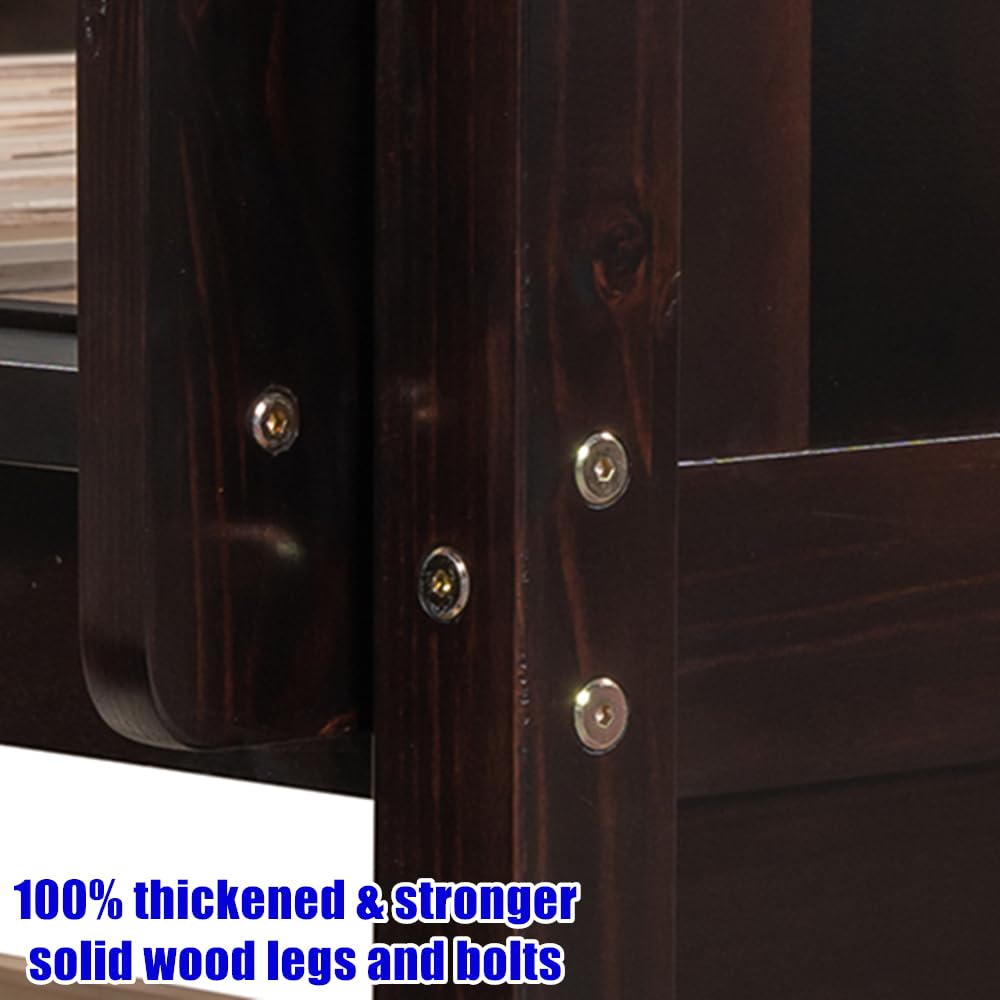 TSAMPA Latest Upgraded & Stronger Heavy Duty Solid Wood Full Over Full Bunk Bed with Trundle, Thickened Safer Convertible Bunkbed Frame (Easier to Assemble) (Espresso) TSAMPA