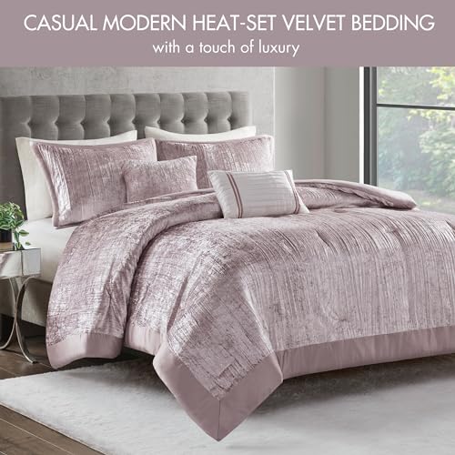 Madison Park Queen Comforter Set, Luxe Velvet, Satin Binding Comforter for a Queen-Size Bed, Cozy Velvet Comforters, All Seasons, Lightweight, Down Alternative Bedding, Full/Queen, Blush 5 Piece Madison Park