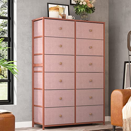 EnHomee Dresser with 12 Drawers, Tall Dressers for Girls Bedroom with Wood Top Metal Frame, Chest of Drawers for Bedroom, Closets, Pink, 11.9" D x 34.8" W x 52.2" H EnHomee