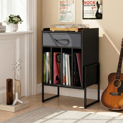 LOKO Record Player Stand, Turntable Stand with Drawer & Record Holder, Vinyl Display Shelf with Metal Frame, Record Storage Table for Living Room, Bedroom, Music Room (Black & Grey) LOKO