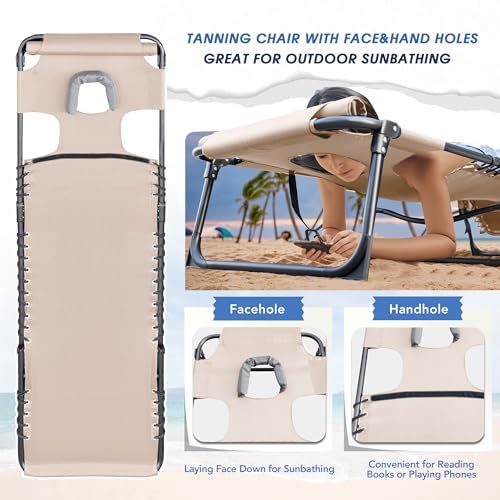 Flamaker Face Down Chaise Lounge Chair 5-Position Adjustable Sunbathing, Foldable Tanning Chair with Face& Arm Holes, Outdoor Recliner Chair for Pool, Beach, Patio, Lawn (Beige, 1 Pcs)