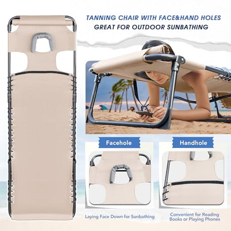 Flamaker Face Down Chaise Lounge Chair 5-Position Adjustable Sunbathing, Foldable Tanning Chair with Face& Arm Holes, Outdoor Recliner Chair for Pool, Beach, Patio, Lawn (Beige, 1 Pcs) Flamaker