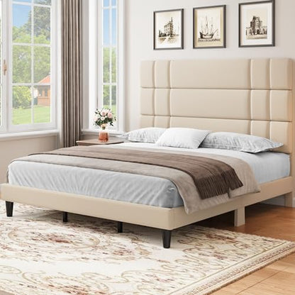 YITAHOME King Bed Frame with Upholstered Linen Headboard and Sturdy Wooden Slats - Beige - WoodArtSupply