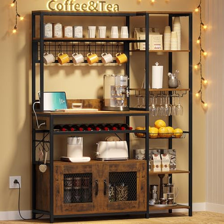 UPOSOJA Rustic Brown Bakers Rack with Power Outlet and Multifunctional Storage Solutions UPOSOJA