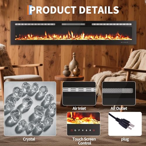 Electric Fireplace, Fireplace Heater Recessed and Wall Mounted, Linear Fireplace with Multicolor Flame, 750/1500W Control by WiFi and Remote, Fireplace Heater with Log and Crystal IDEALHOUSE