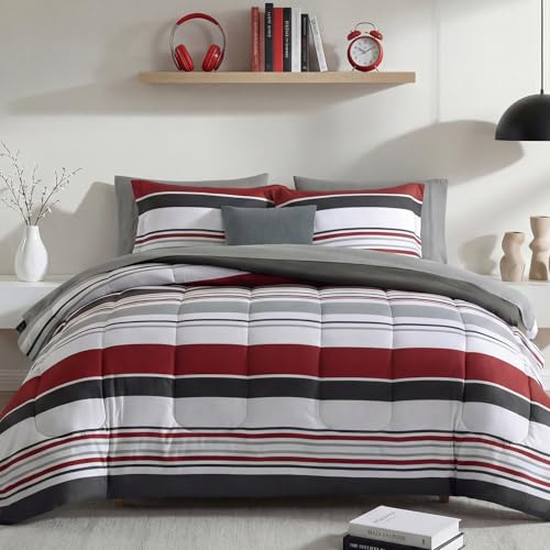 Monbix Queen Comforter Set - 7 Pieces Bed in a Bag Queen, Red and Black-Stripe Bedding Sets, All Seasons Comforter Bed Set with Sheets, Pillowcases & Shams Monbix