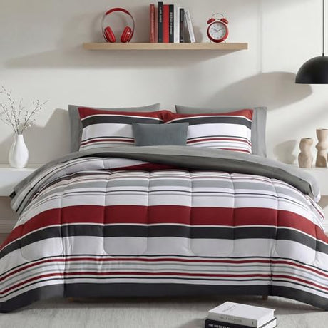 Monbix Queen Comforter Set - 7 Pieces Bed in a Bag Queen, Red and Black-Stripe Bedding Sets, All Seasons Comforter Bed Set with Sheets, Pillowcases & Shams Monbix