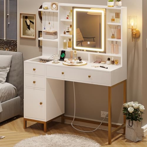 VIAGDO Vanity Desk with Mirror and Lights, Makeup Vanity with Drawers and Charging Station, Vanity Table with Shelves, Cabinet, Hidden Space for Bedroom, White VIAGDO
