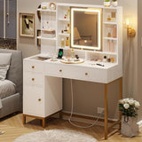 VIAGDO Vanity Desk with Mirror and Lights, Makeup Vanity with Drawers and Charging Station, Vanity Table with Shelves, Cabinet, Hidden Space for Bedroom, White VIAGDO