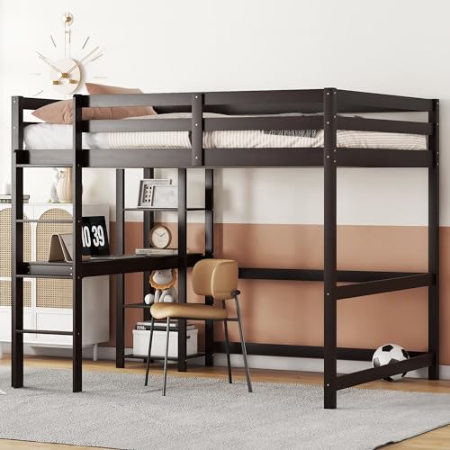 Bellemave Full Size Loft Bed with Desk and Storage Shelves for Kids - Espresso - WoodArtSupply