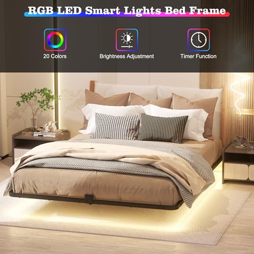Samhapyrom Queen Floating Bed Frame with LED Lights, Heavy Duty Metal Platform Bed with Anti-Slip Mattress Holder, Easy Assembly, No Box Spring Needed, Noise Free for Bedroom Samhapyrom
