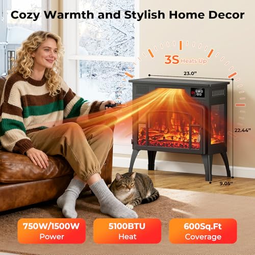 Kucreiheat Electric Fireplace Heater 23" w/Remote, 3D Flame Effects, 750/1500W Electric Heater Fireplace w/Timer, Overheat Protection, Energy Saving Electric Fireplace Stove for Indoor Use, Black Kucreiheat