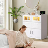 VECELO Dresser for Bedroom with Charge Station and Lights, Chest of 4 Drawers Closet with Raised Edge and Bottom Storage Cabinet, Wooden Organizer for Hallway Living Room, White VECELO