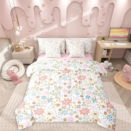 Erosebridal Pink Flowers 7 Pieces Bedding Set Full Size,Kids Cute Floral Bed in a Bag,Cottagecore Bed Set Includes Comforter,Sheet Set,Pillowcases & Pillow Covers,Rustic Wildflower Bedroom Decor Erosebridal