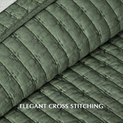 EVERGRACE Cross Stitch Pre-Washed Cotton Quilt Bedding Set King Size, Oversized 3 Pieces Lightweight Bedspread Coverlet for All Season, with 2 Matching Shams, Olive Green,108"x96" EVERGRACEHOME