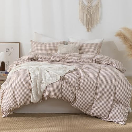 YHJWW Tan Gingham Duvet Cover Bedding Set Prewashed Extra Soft Comfy Breathable 3 Piece Brown Plaid Checkered Grid Vintage Comforter Cover Set Cute Aesthetic (Full 80"x90", No Comforter) YHJWW