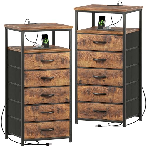 Huuger 5 Drawers Dresser with Charging Station, Set of 2, Dresser for Bedroom, Tall Night Stand, Chest of Drawers with Open Shelf, Bedside Table Nightstand, Fabric Dresser, Rustic Brown Huuger