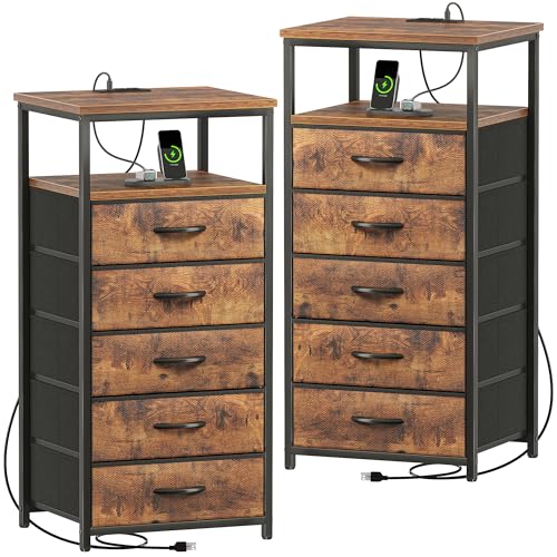 Huuger 5 Drawers Dresser with Charging Station, Set of 2, Dresser for Bedroom, Tall Night Stand, Chest of Drawers with Open Shelf, Bedside Table Nightstand, Fabric Dresser, Rustic Brown - WoodArtSupply