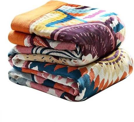 Boho Blanket for Bed 100% Cotton Bohemian Throw Blankets Ultra Soft Woven Muslin Decorative Blankets All Seasons Vintage Quilt Knitted Blanket for Sofa Chair (Colorful, 50"x60") Ffdshc