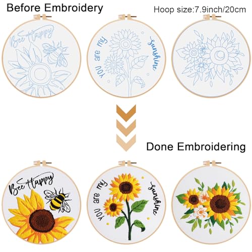 Louise Maelys 3 Sets Sunflowers Embroidery Kit for Beginners,Cross Stitch Kits for Adults with Summer Flowers Bee Stamped Pattern,Starters Needlepoint with Embroidery Instruction