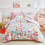 Girls Bed in a Bag Queen Size White Unicorn Comforter Set with Rainbow Flower - Soft 7 Pcs Pink Bedding Set (1 Comforter, 2 Pillow Shams, 1 Flat Sheet, 1 Fitted Sheet, 2 Pillowcases) UOZZI BEDDING