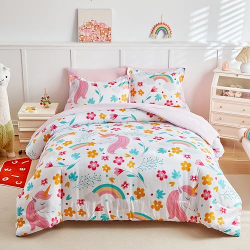 Girls Bed in a Bag Twin Size White Unicorn Comforter Set with Rainbow Flower - Soft 6 Pcs Pink Bedding Set (1 Comforter, 2 Pillow Shams, 1 Flat Sheet, 1 Fitted Sheet, 1 Pillowcases) UOZZI BEDDING