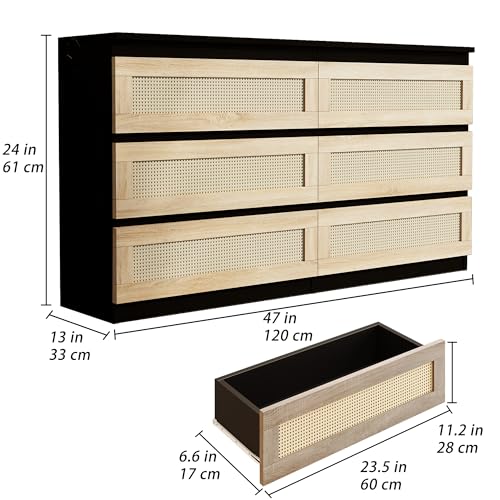 Luoxiao Modern Black Rattan 6 Drawer Dresser for Bedroom and Storage Luoxiao