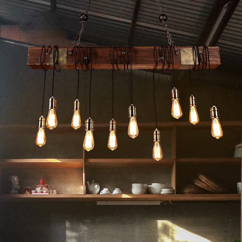 Rustic Chandelier Farmhouse Wood Beam Hanging Industrial Pendant Lighting Vintage Ceiling Light Fixture 10 Heads for Dining Table Kitchen Island Bar Coffee Billiard Pool Table (10 Heads) - WoodArtSupply