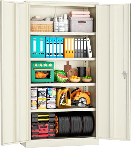 INTERGREAT Tall Metal Storage Cabinet Locking Steel with 4 Adjustable Shelves,72" Lockable Cabinets Lock 2 Doors for Office Garage Supply Home (Cream Gray) INTERGREAT