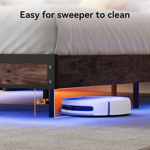 Susalt Queen Size Bed Frame with Storage Headboard, Sturdy Metal Platform Bed Frame with LED Lights and Charging Station, Easy Assembly, No Box Spring Needed, Noise Free, Rustic Brown Susalt