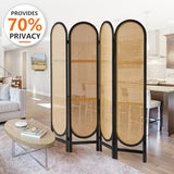 Asnefeli 4 Panel Room Divider, Double Hinged Foldable Wooden Room Divider, Individual Privacy Screen Made of Hand-Woven Rattan, Portable Wall Divider for Home Office Bedroom Bathroom (Black Natural) Asnefeli